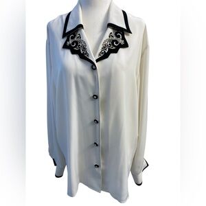 Vintage Elegant White Button Down Shirt With Black Accents Size L/XL Pit 23